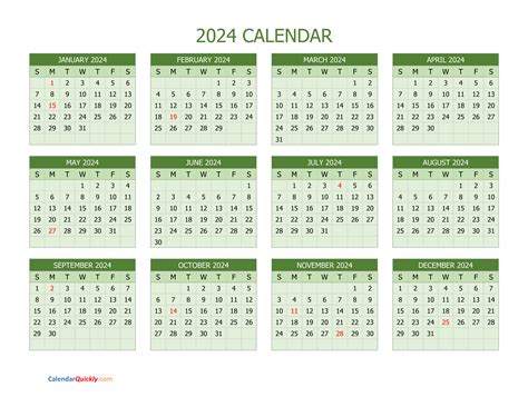 2024 Free Printable Year Calendar