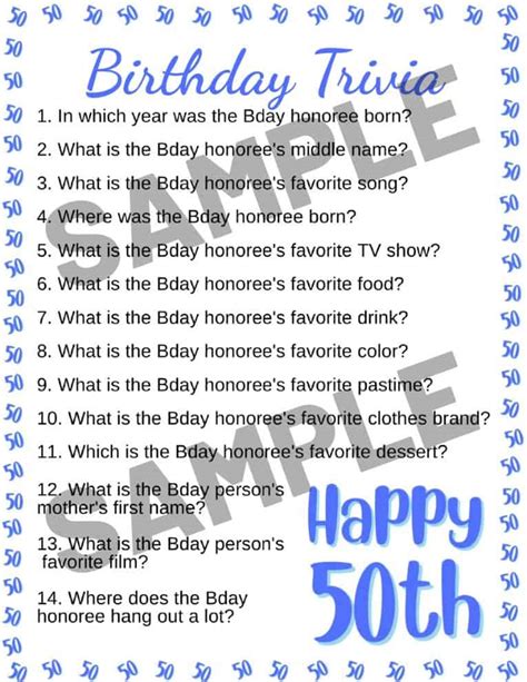 50th Birthday Trivia Game