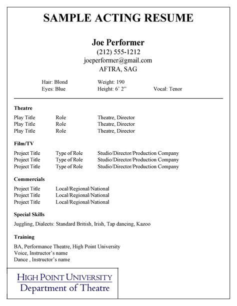 Acting Resume Template for Commercial Acting