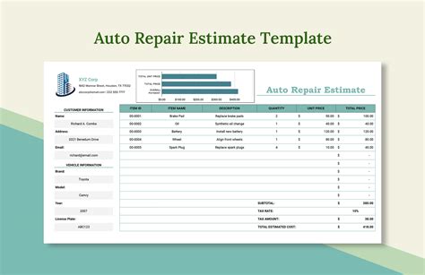 Description of Advanced Excel Repair Estimate Template