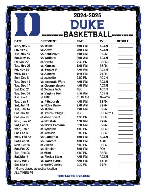 Benefits of a Printable Duke Basketball Schedule