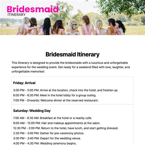 Bridesmaid Itinerary Template