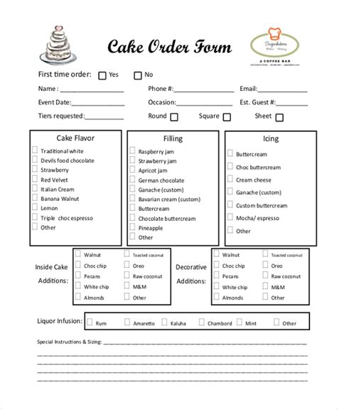 Cake Order Form Template for Word Example