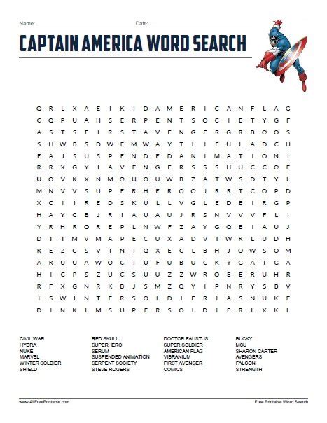 Description of Captain America Word Search Game