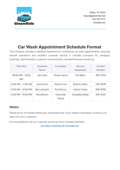 Car Wash Appointment Template