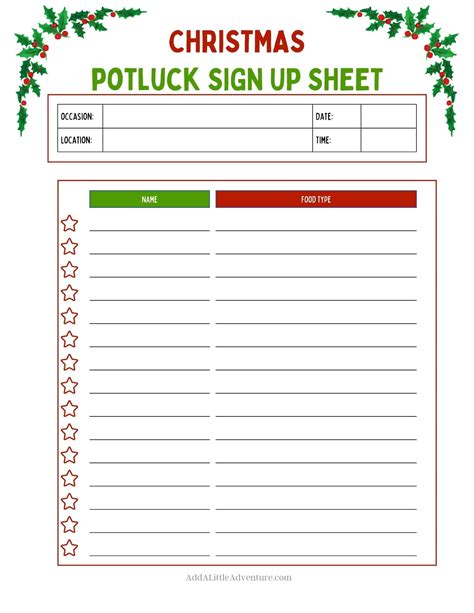 Christmas Potluck Sign Up Sheet Template