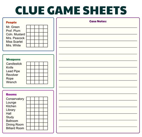 Clue Game Printable Sheets for Kids