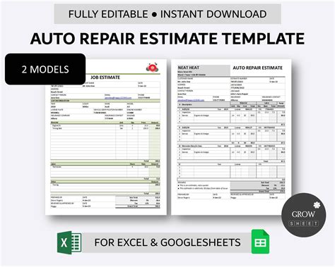 Description of Customizable Excel Repair Estimate Template