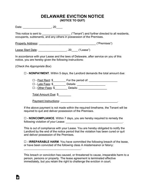 Delaware Eviction Notice Form Sample