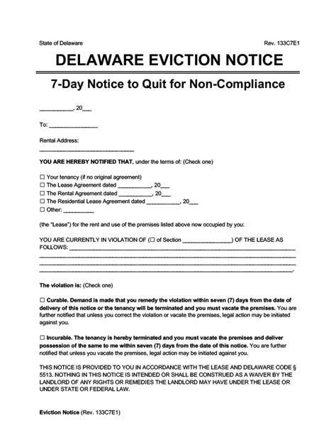 Delaware Eviction Notice Sample