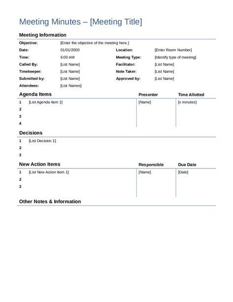 Detailed Meeting Minutes Template