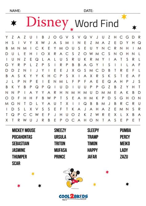 Disney Word Search Printables for Kids