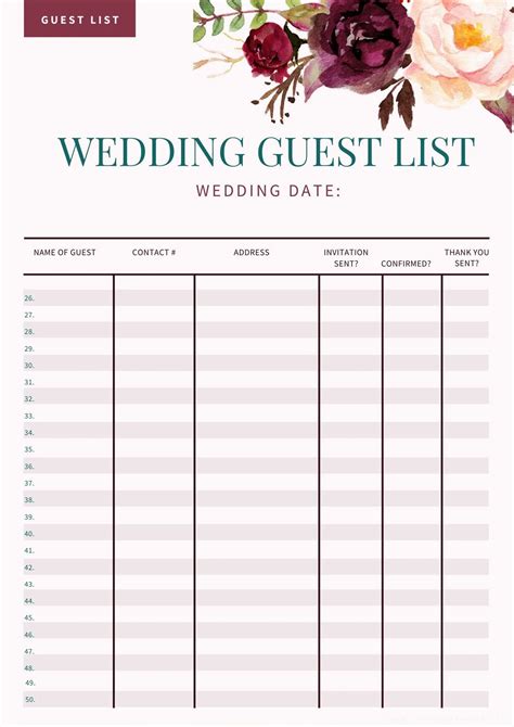 Elopement Guest List Template