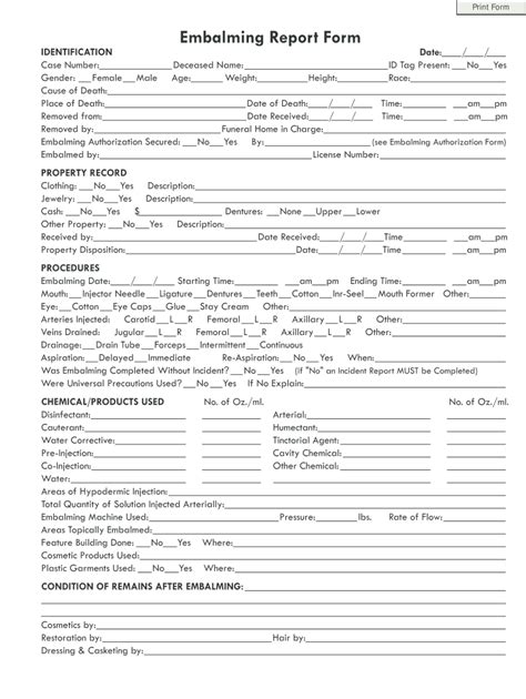 Embalming Report Form Template