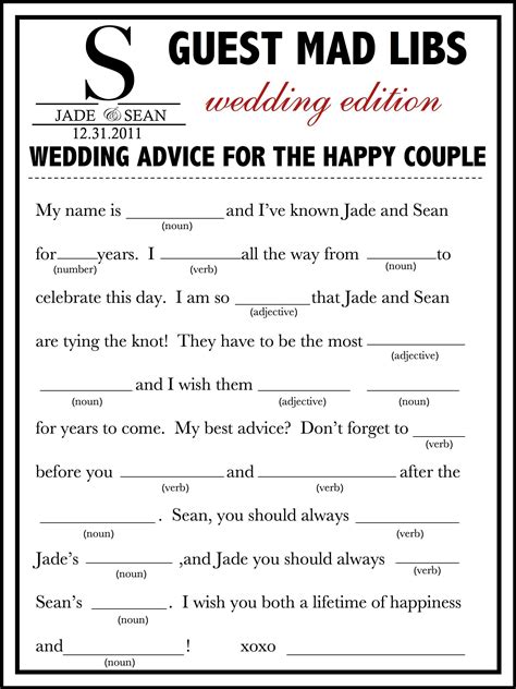 Examples of Funny Wedding Mad Libs Templates