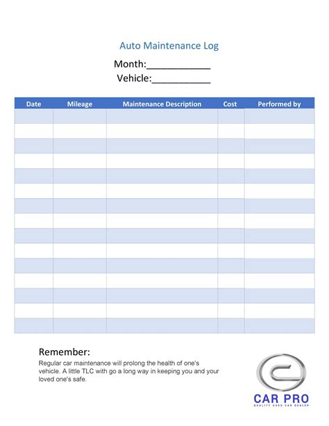 Free Vehicle Maintenance Log Printable