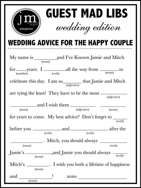 Funny Wedding Mad Libs Template 2