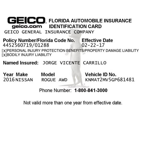 Description of Geico Insurance Card Guide