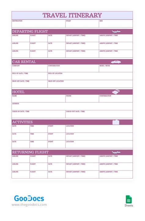 Google Sheets Itinerary Template for Adventure Travel