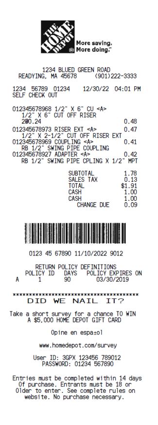 Home Depot Sales Receipt