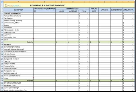 Home Renovation Spreadsheet Example