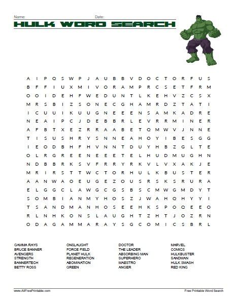 Description of Hulk Word Search Activity