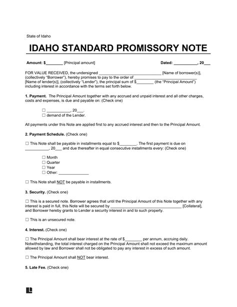 Idaho Promissory Note Template Example