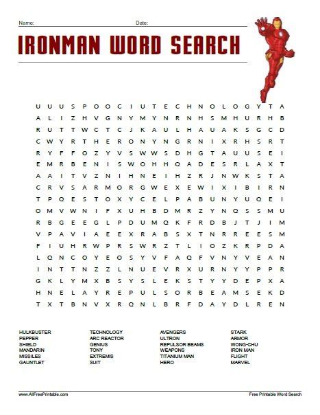 Description of Iron Man Word Search Puzzle