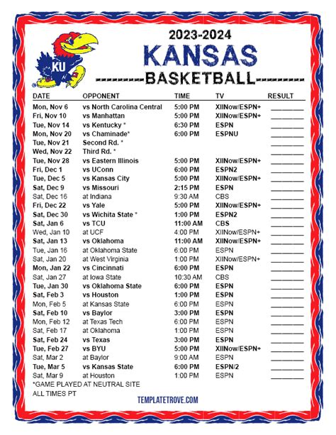 KU Basketball Schedule Download