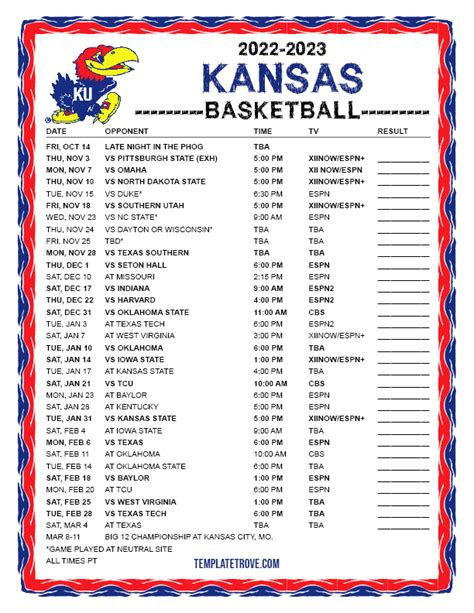 KU Basketball Schedule Spreadsheet