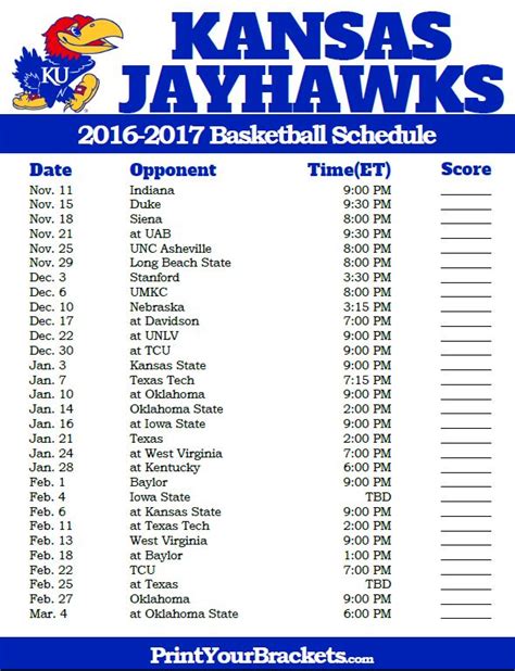 KU Basketball Schedule Table