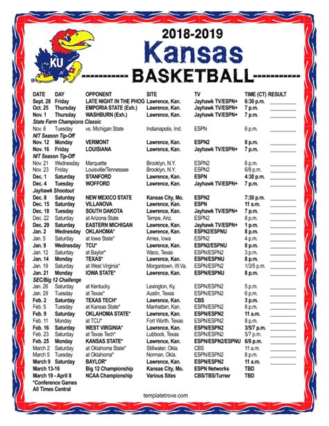 KU Basketball Schedule Template