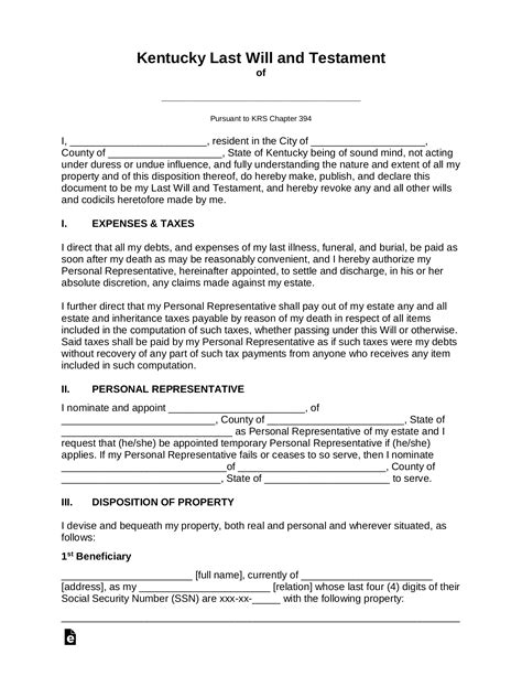 Kentucky Last Will and Testament Template