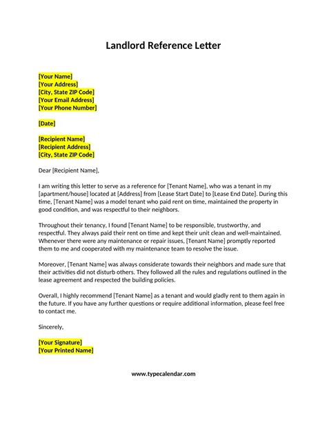 Landlord Reference Letter Template Word Example