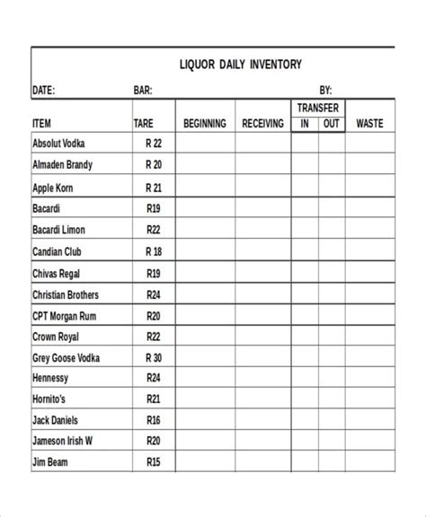 Liquor Inventory Template Word