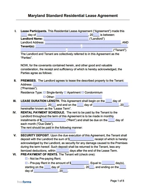 Maryland Lease Agreement Form