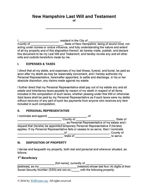 New Hampshire Last Will and Testament Template