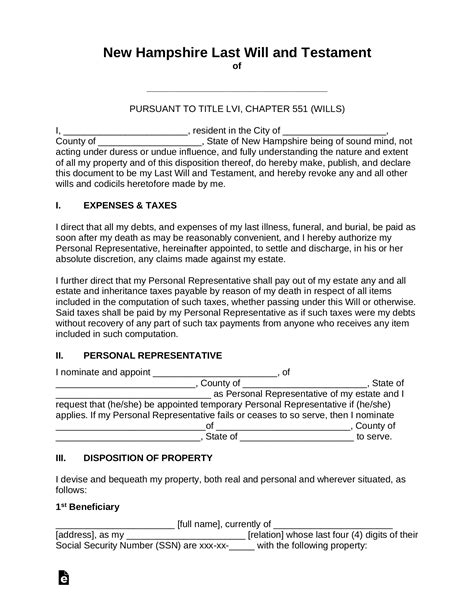 New Hampshire Last Will and Testament Example