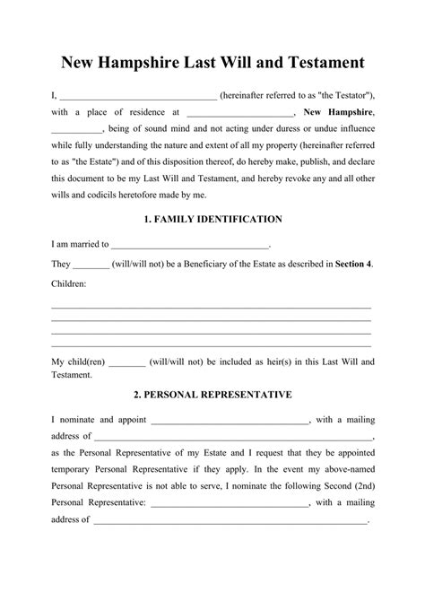 New Hampshire Last Will and Testament Template Example