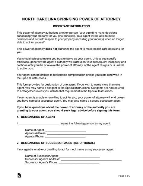 North Carolina Springing Power of Attorney Form