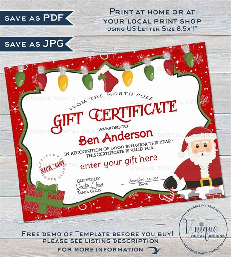 Personalized Christmas Gift Certificate