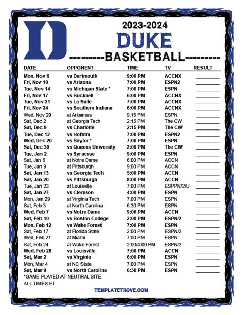 Printable Duke Basketball Schedule Templates