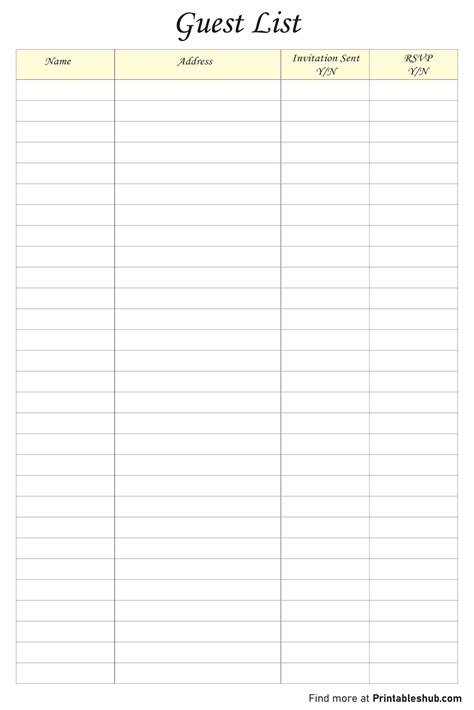 Printable Guest List Template Example