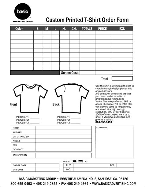 Printable T Shirt Order Form Template Layout