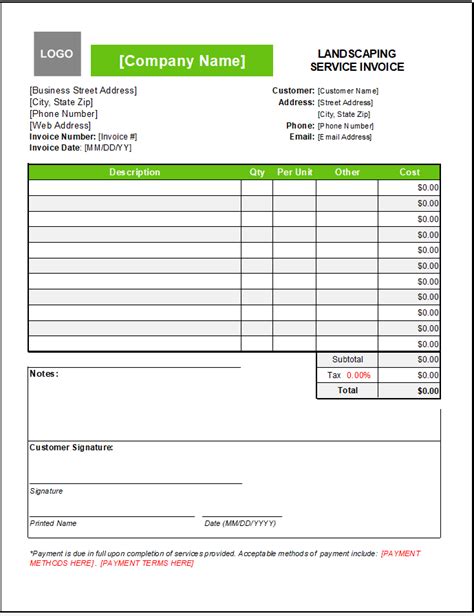 Professional Landscaping Invoice Example