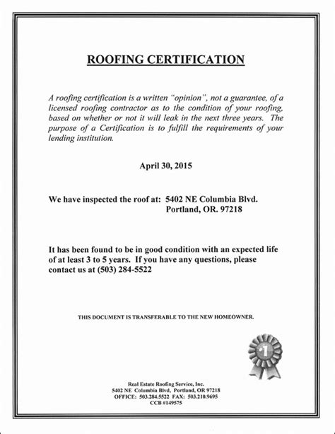 Roofing Certificate Examples