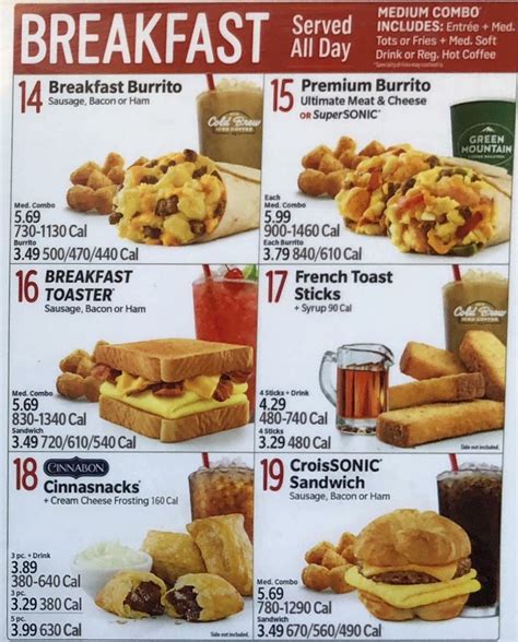 Sonic Drive-In Breakfast Menu