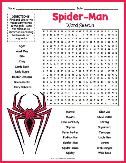 Description of Spider-Man Word Search Print