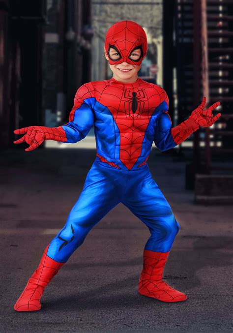 Spiderman standing next to a costume rack with various superhero costumes