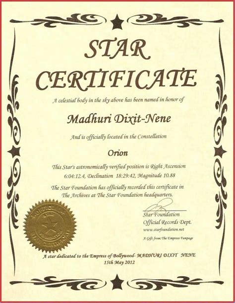 Star Naming Certificate